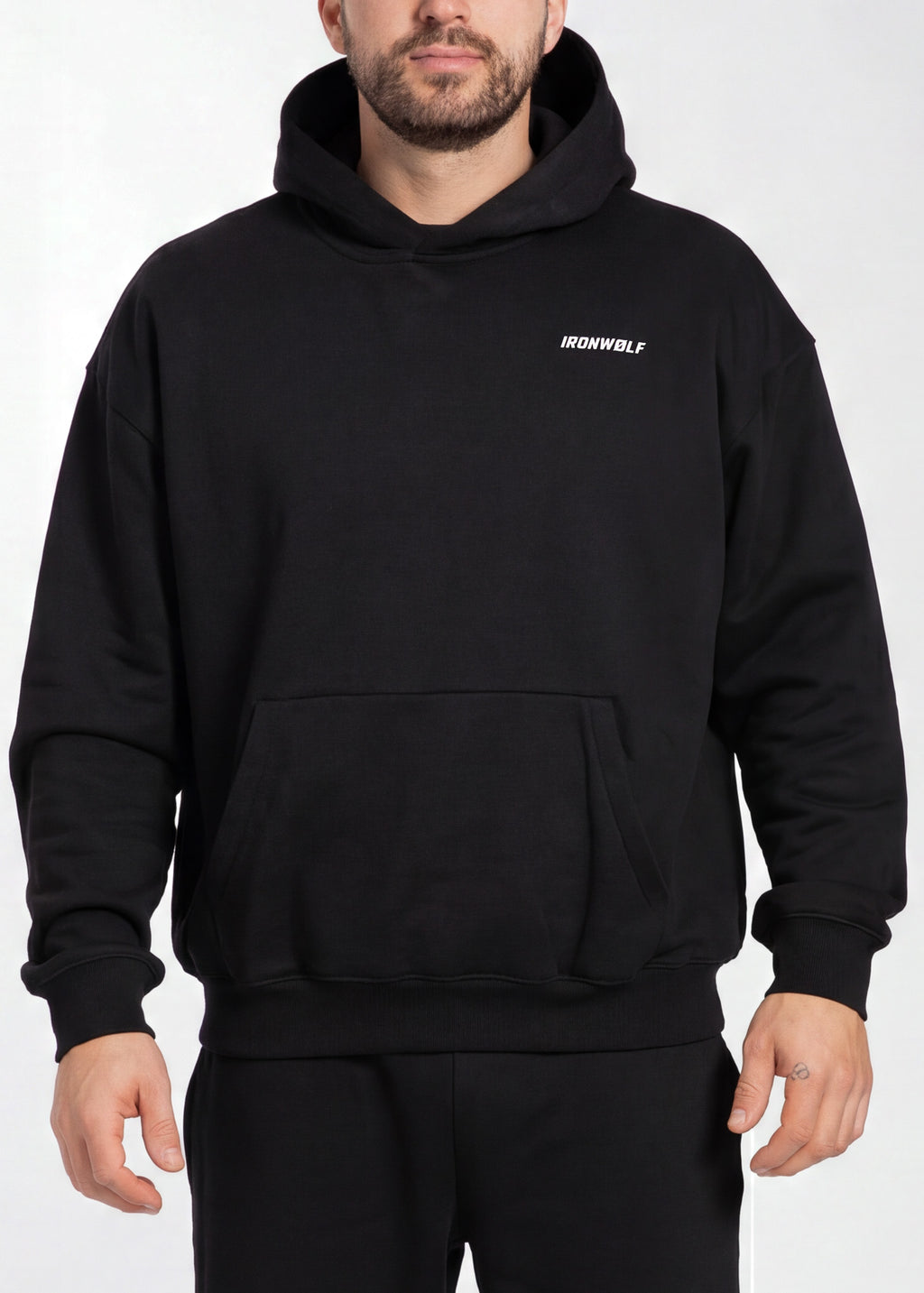 Black IRONWØLF hoodie with chest logo, men's gym wear for training and lifestyle comfort