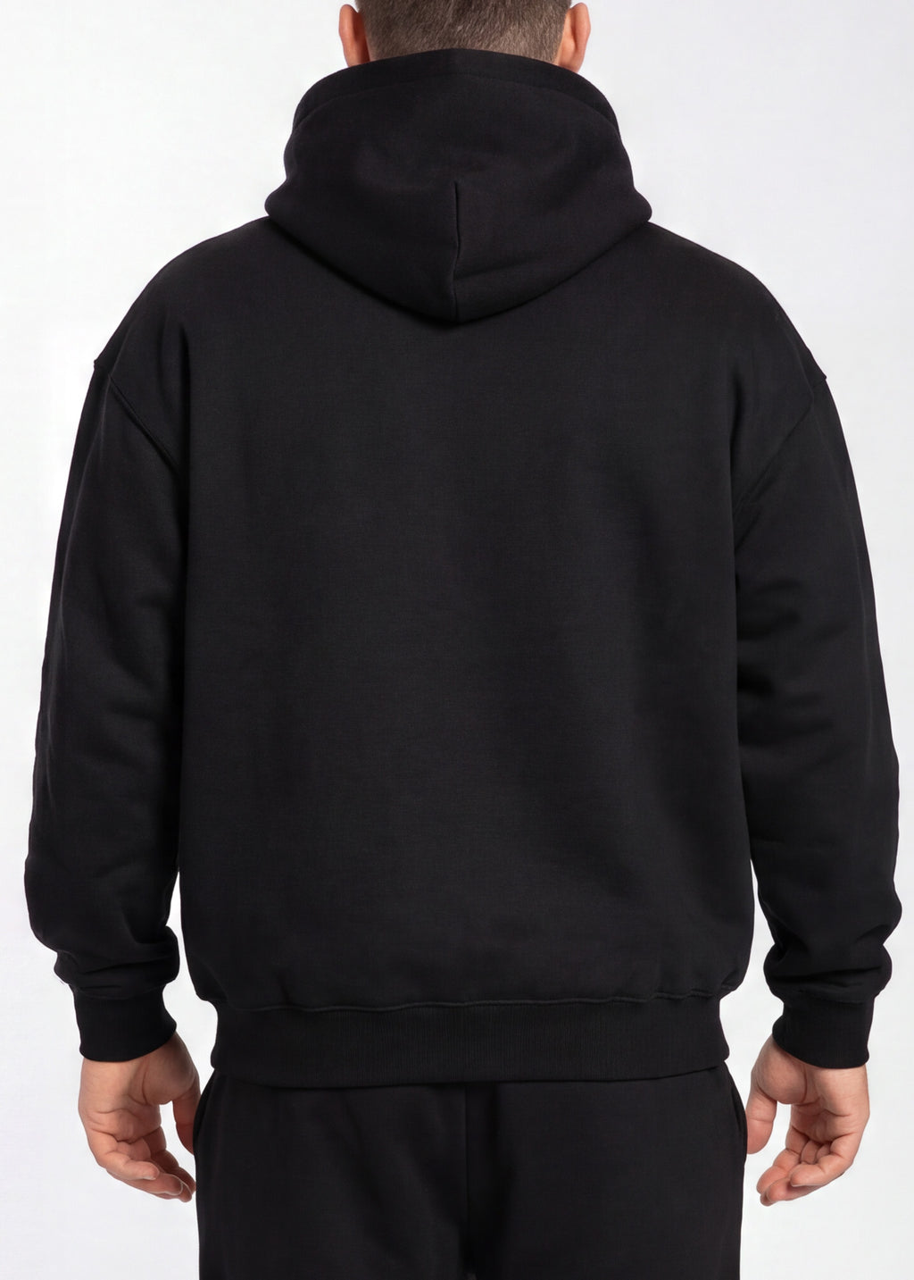 Black hoodie back view, men's gym wear for training and lifestyle comfort