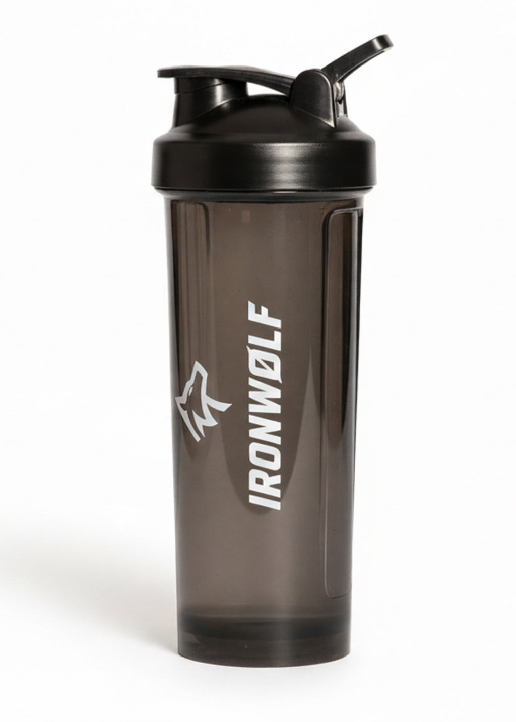 Black IRONWØLF shaker bottle with wolf logo, ideal for gym and fitness protein mixing