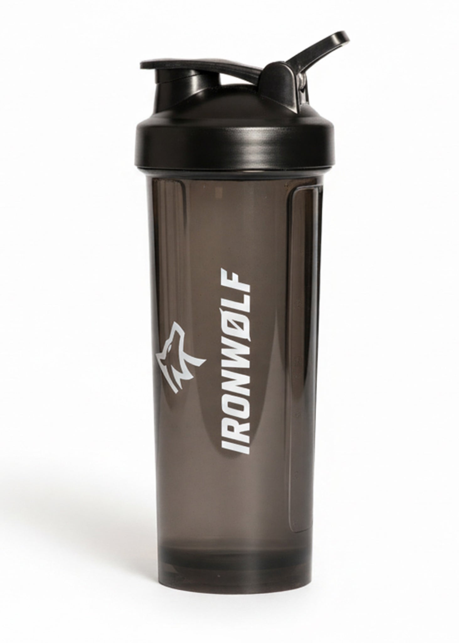 Black IRONWØLF shaker bottle with wolf logo, ideal for gym and fitness protein mixing