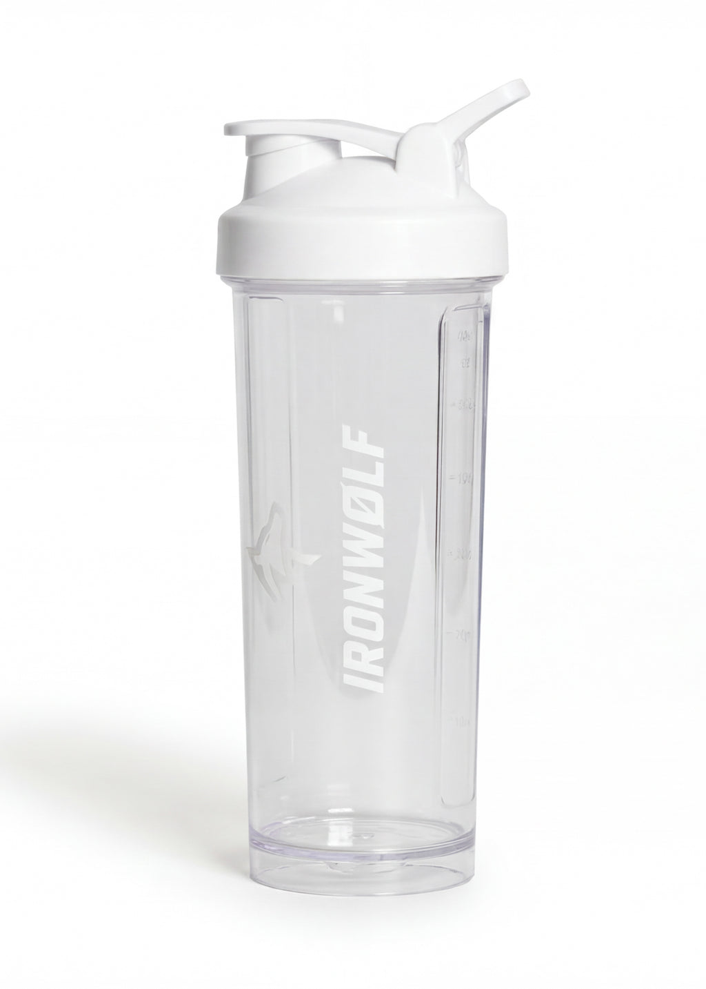 Clear IRONWØLF shaker bottle with white lid and measurement markings for gym workouts