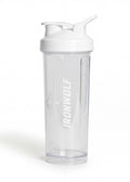 Clear IRONWØLF shaker bottle with white lid and measurement markings for gym workouts