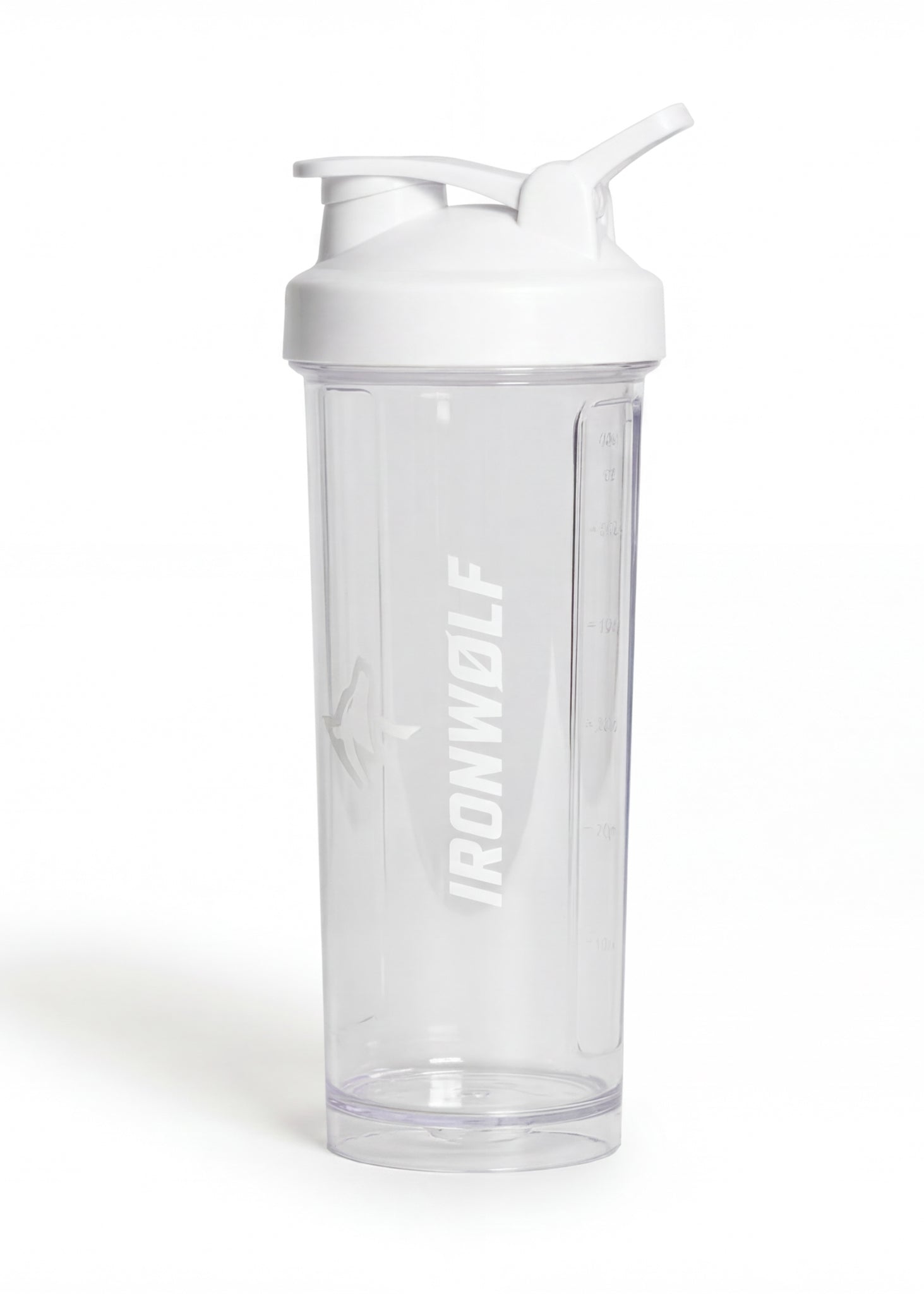 Clear IRONWØLF shaker bottle with white lid and measurement markings for gym workouts