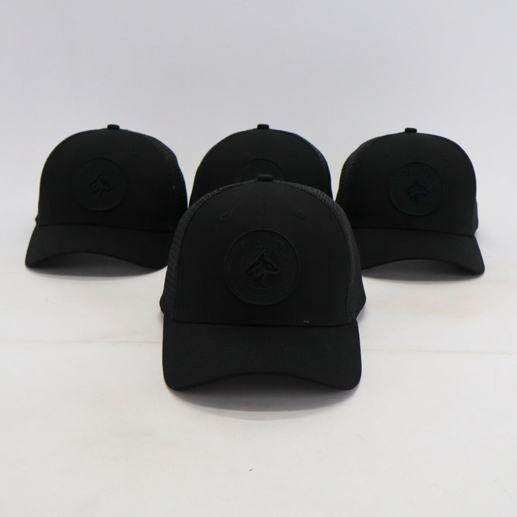 Black trucker hats with wolf logo, ideal for gym and lifestyle wear