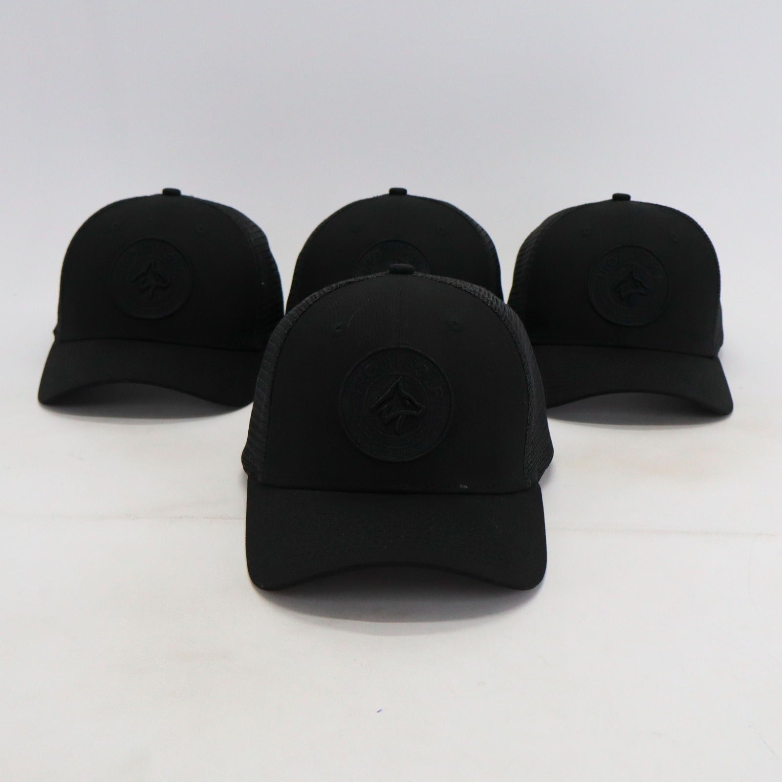 Black trucker hats with wolf logo, ideal for gym and lifestyle wear