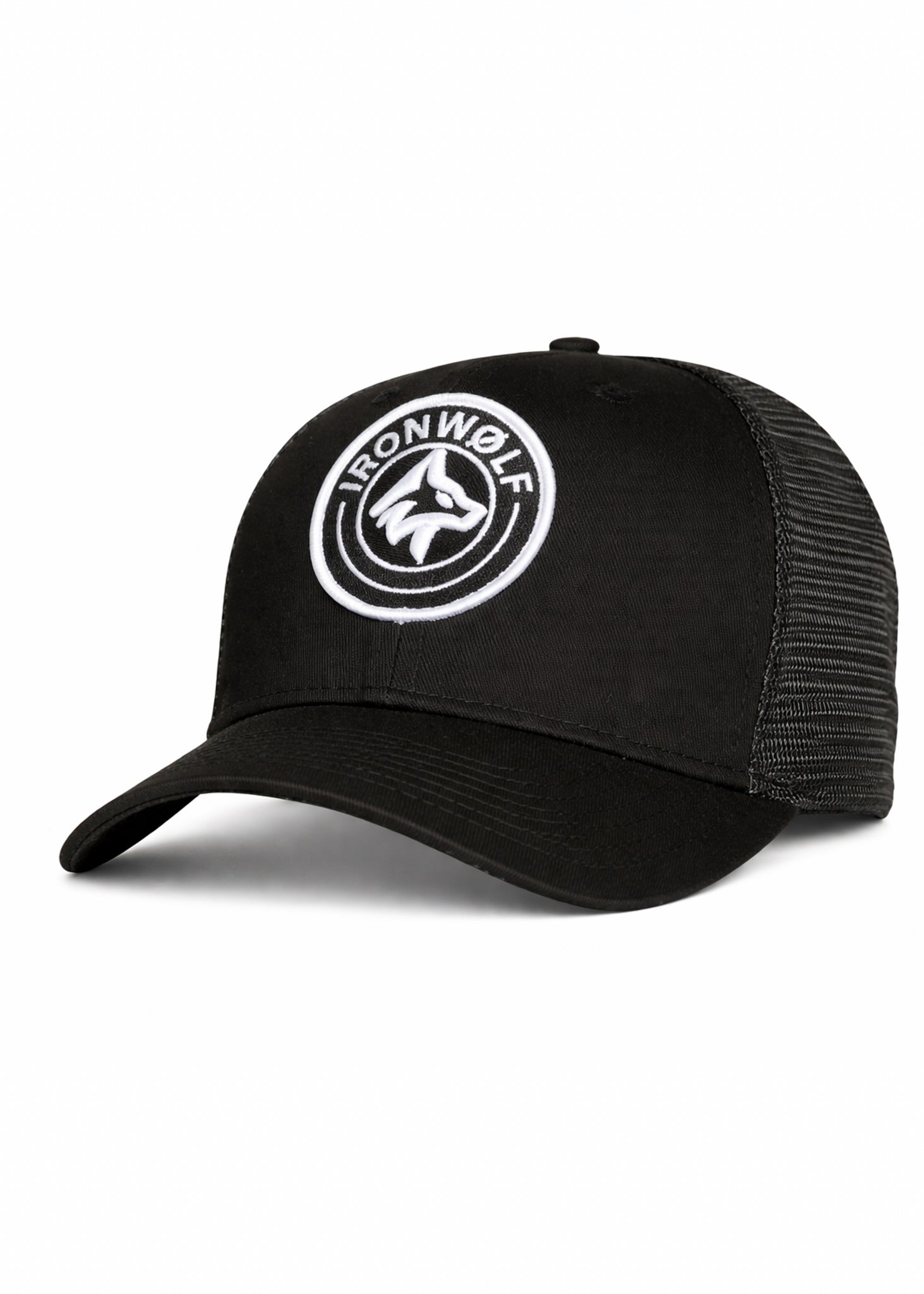 Black trucker hat with white IronWolf logo, ideal for gym wear and active lifestyle