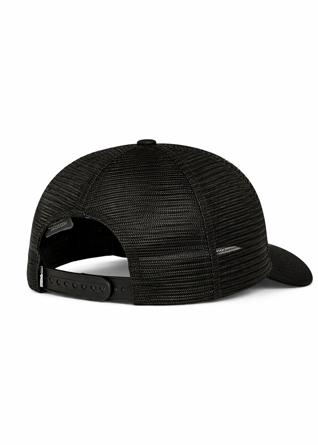 Black mesh trucker hat with adjustable strap, ideal for gym and active lifestyle wear