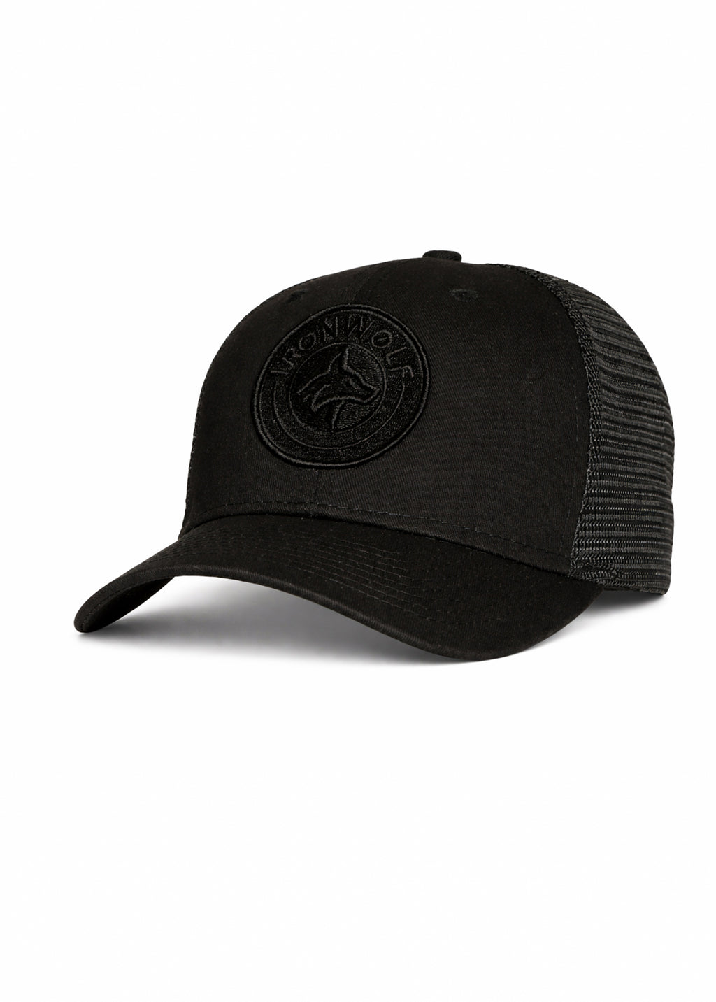 Black trucker hat with embroidered logo, ideal for gym and casual wear