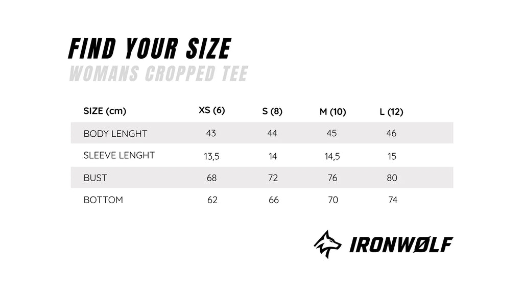 Women's cropped tee size chart with measurements for XS to L, by IRONWØLF