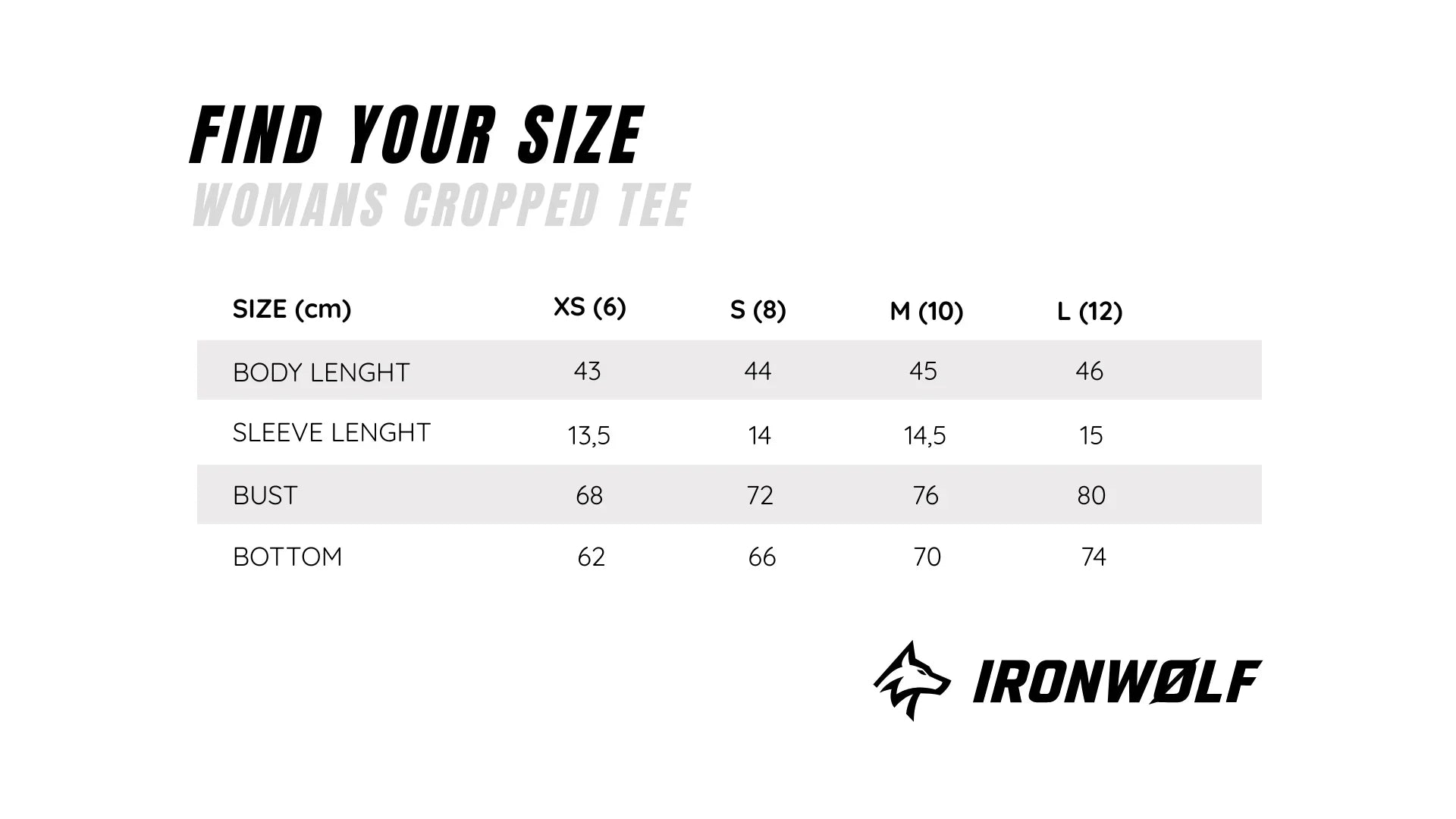 Women's cropped tee size chart with measurements for XS to L, by IRONWØLF