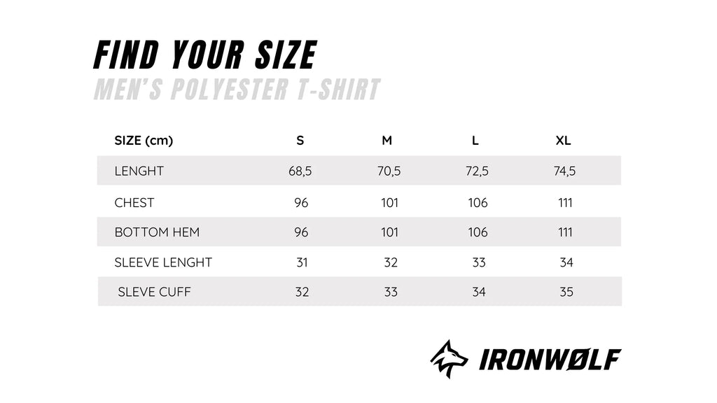 Men's polyester t-shirt size chart with measurements for S to XL, designed for gym and active wear.