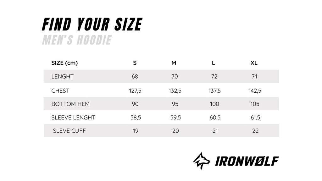 Men's hoodie size chart with measurements in cm for S to XL, featuring IRONWØLF logo