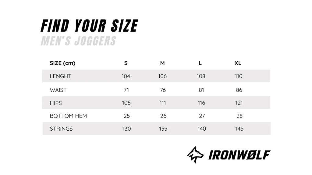 Men's joggers size chart with measurements for length, waist, hips, hem, and strings in cm