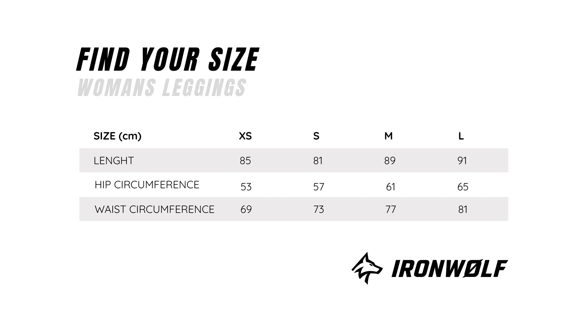 Women's leggings size chart with measurements for length, hip, and waist in cm