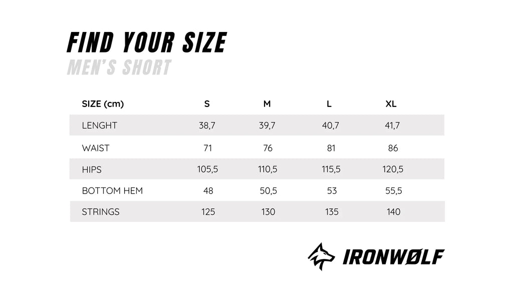 Men's shorts size chart with measurements for length, waist, hips, hem, and strings in cm