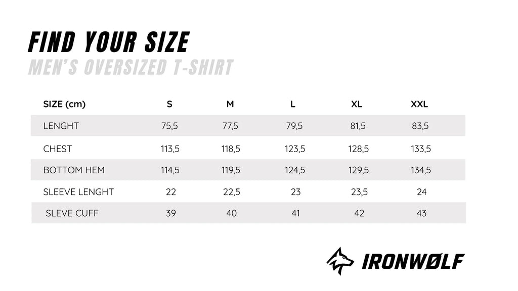 Men's oversized t-shirt size chart with measurements for length, chest, hem, sleeve length, and cuff in cm