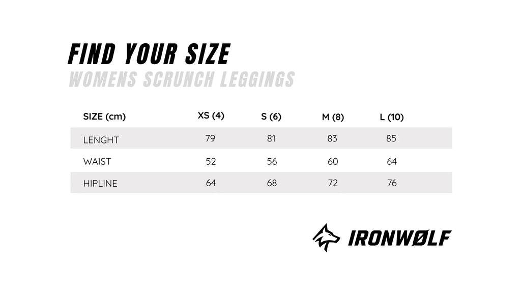 Women's scrunch leggings size chart with measurements for length, waist, and hip in cm