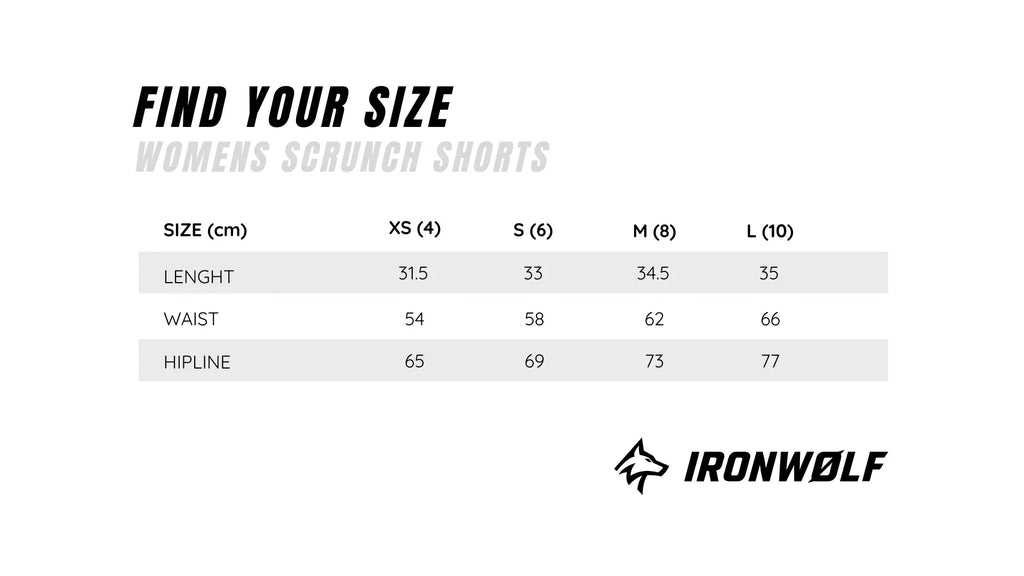 Women's scrunch shorts size chart with measurements for XS to L, designed for gym wear and activewear fit.