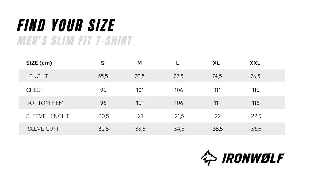 Men's slim fit t-shirt size chart with measurements in cm for length, chest, sleeve, and hem