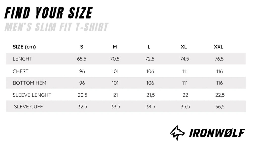Men's slim fit t-shirt size chart with measurements in cm for S to XXL
