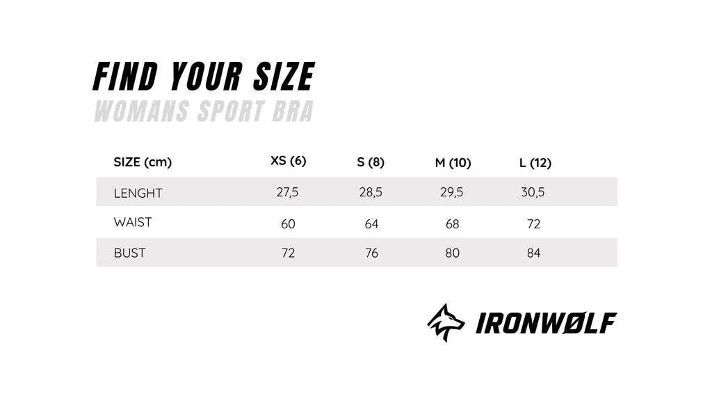 Women's sport bra size chart with measurements for XS to L, featuring IRONWØLF branding