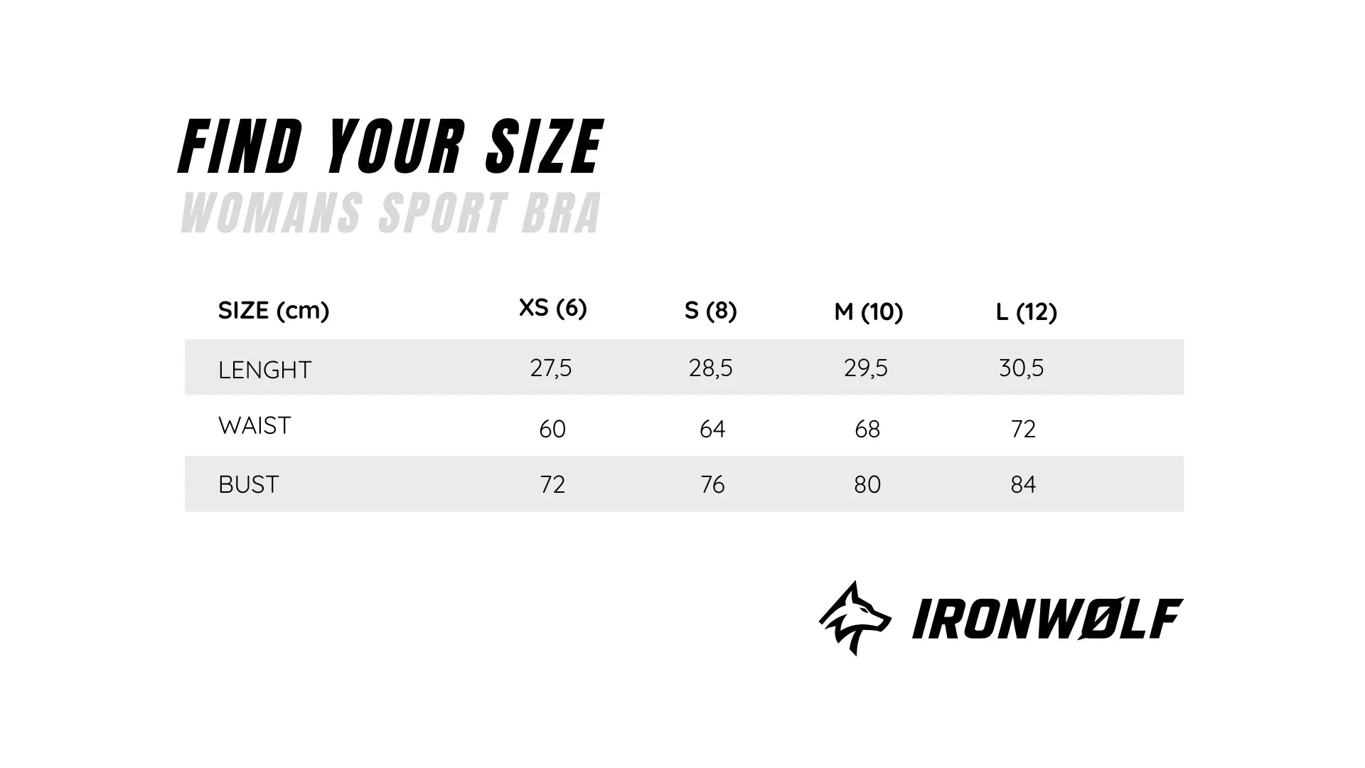 Women's sport bra size chart with measurements for XS to L, featuring IRONWØLF branding