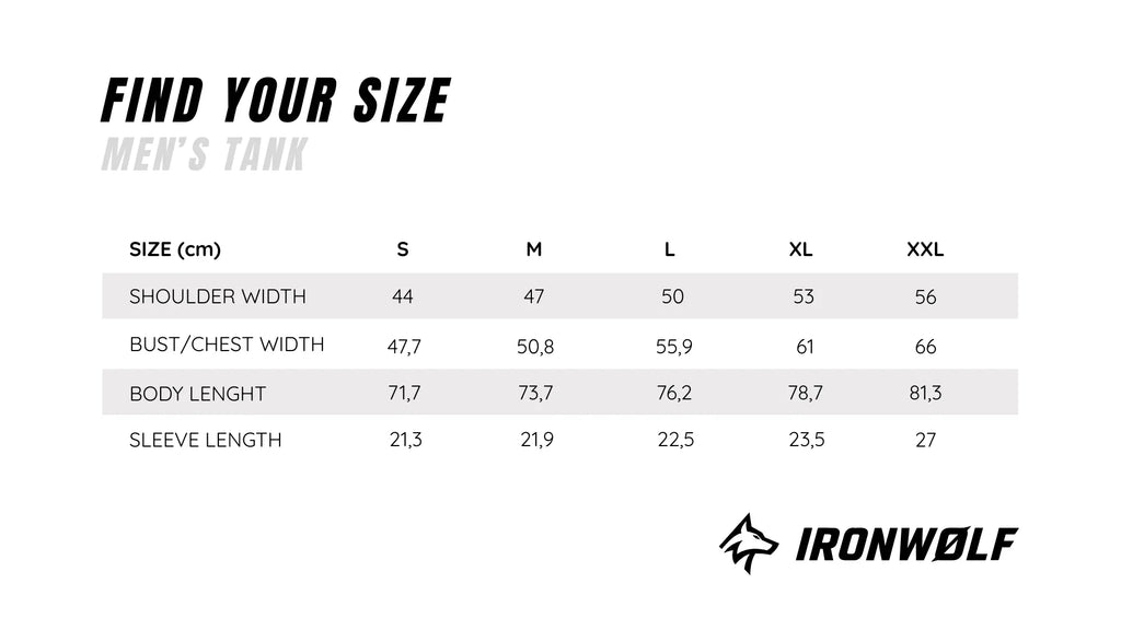 Men's tank size chart with measurements for shoulder, chest, body length, and sleeve in cm