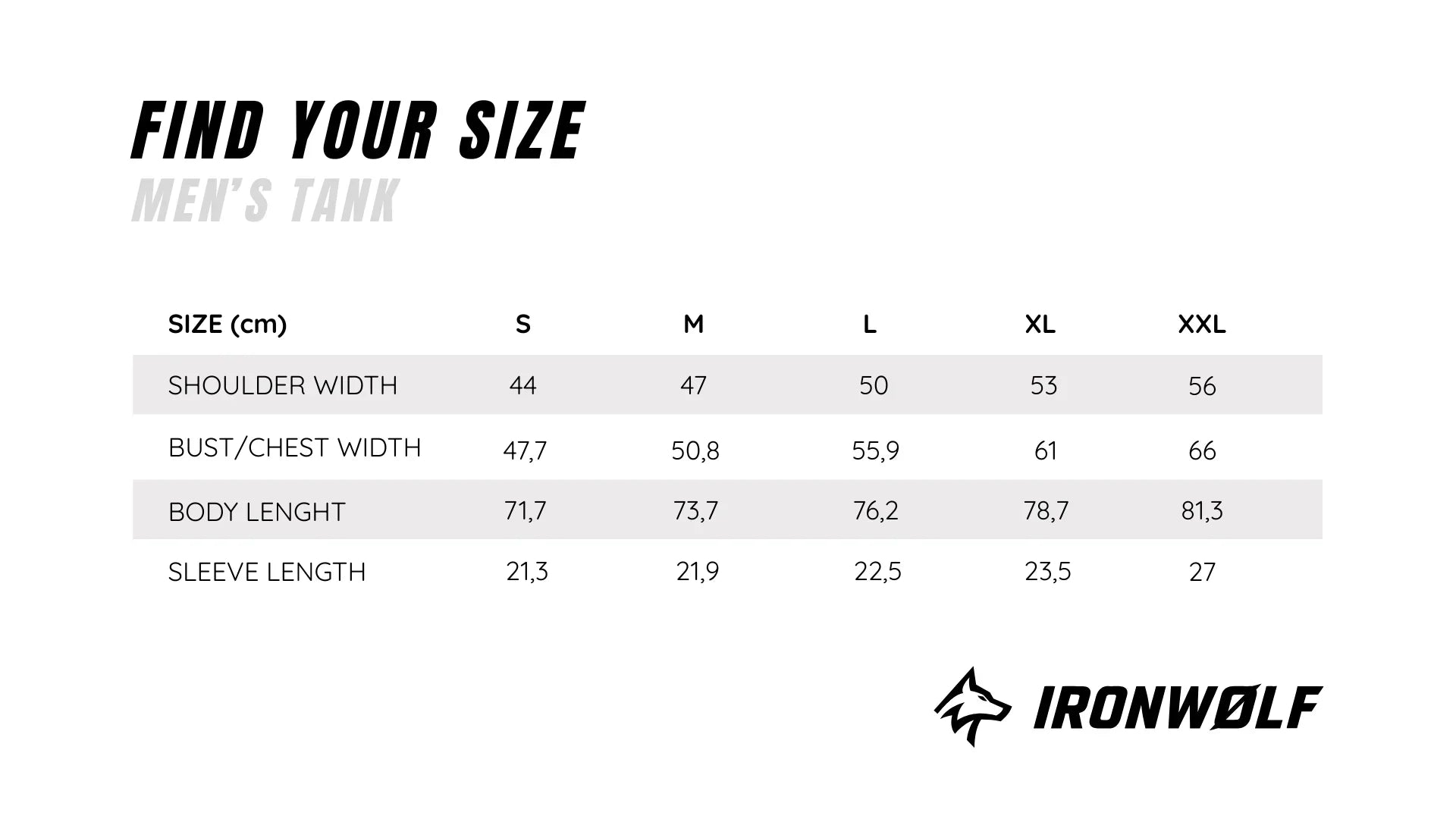 Men's tank size chart with measurements for shoulder, chest, body length, and sleeve in cm