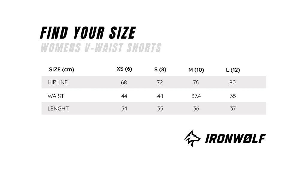 Women's V-Waist Shorts size chart with measurements for hip, waist, and length in cm