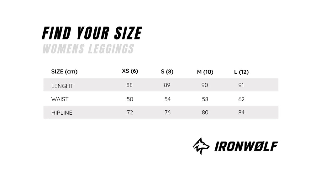 Women's leggings size chart with measurements for length, waist, and hip in cm for XS to L sizes