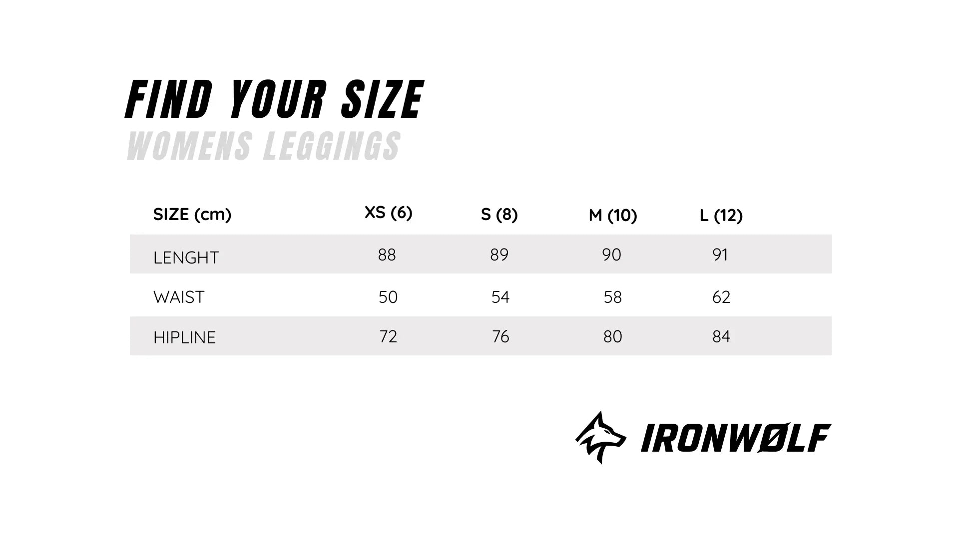 Women's leggings size chart with measurements for length, waist, and hip in cm for XS to L sizes