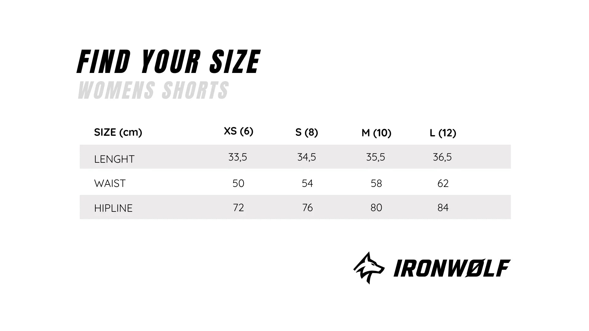 Women's shorts size chart with measurements for length, waist, and hip in cm