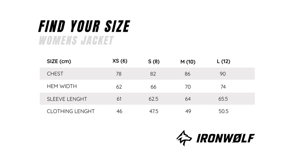 Women's jacket size chart with measurements for chest, hem, sleeve, and length in cm